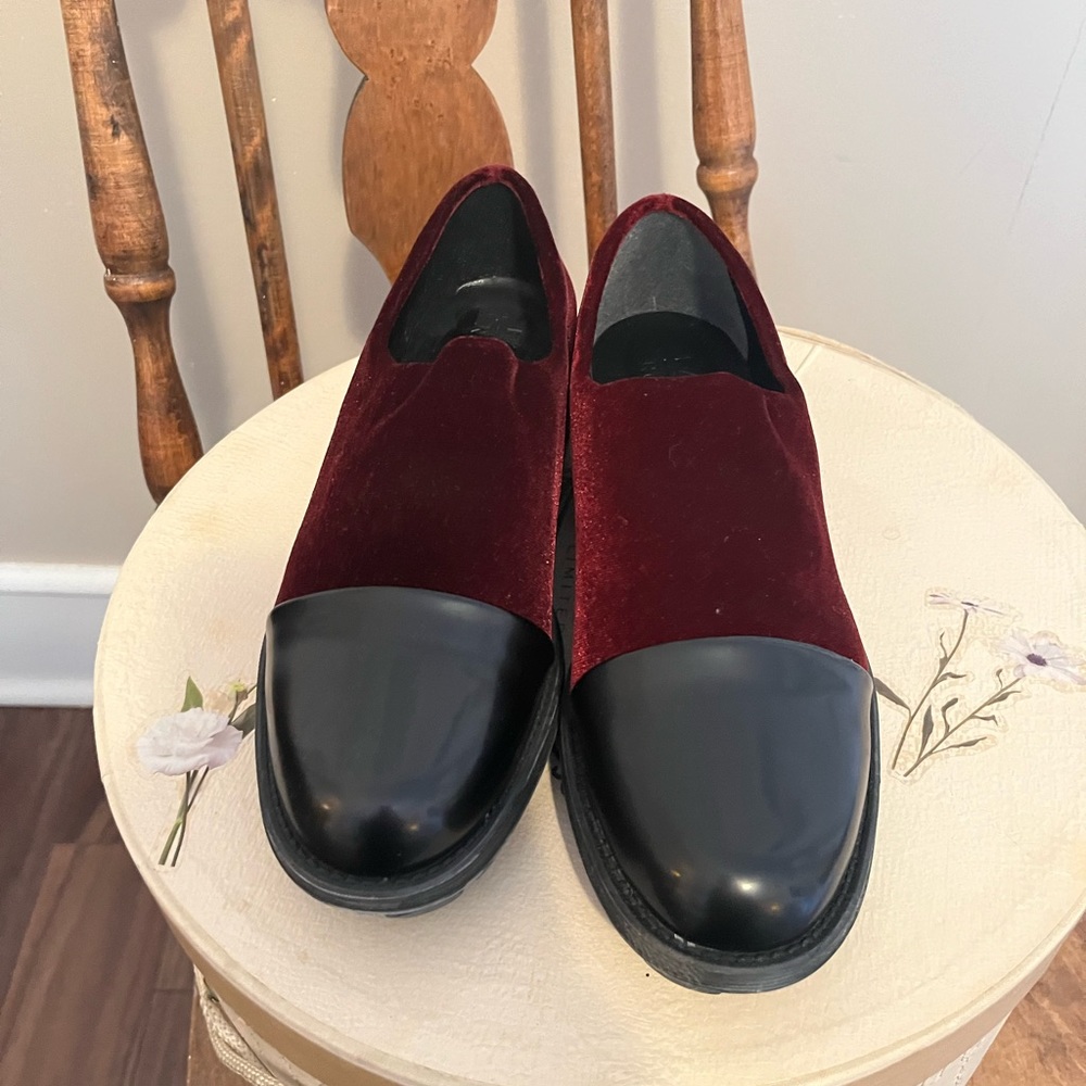 Velvet Cap-Toe Slip-On Flats in Burgundy and Black